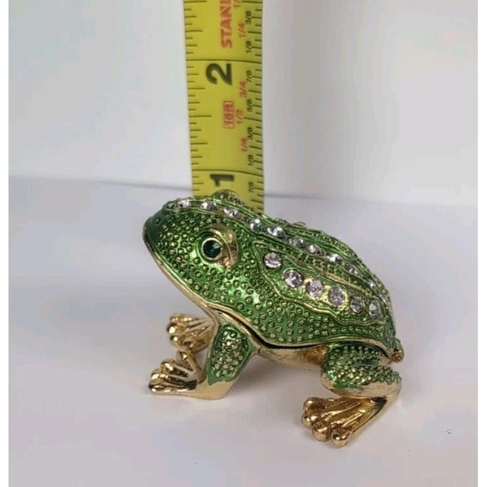 Hinged Keren Kopal Style Gold Tone Frog Trinket Box Rhinestones Green Eyes Vintg